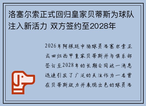 洛塞尔索正式回归皇家贝蒂斯为球队注入新活力 双方签约至2028年